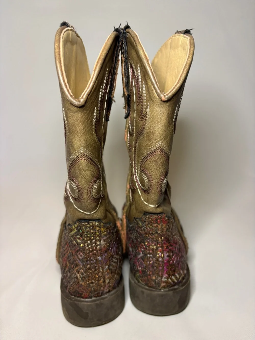 Roper Kids Aztec Glitter Square Toe wCowboy Boots‎ Brown Multi Color Size 12 EUC